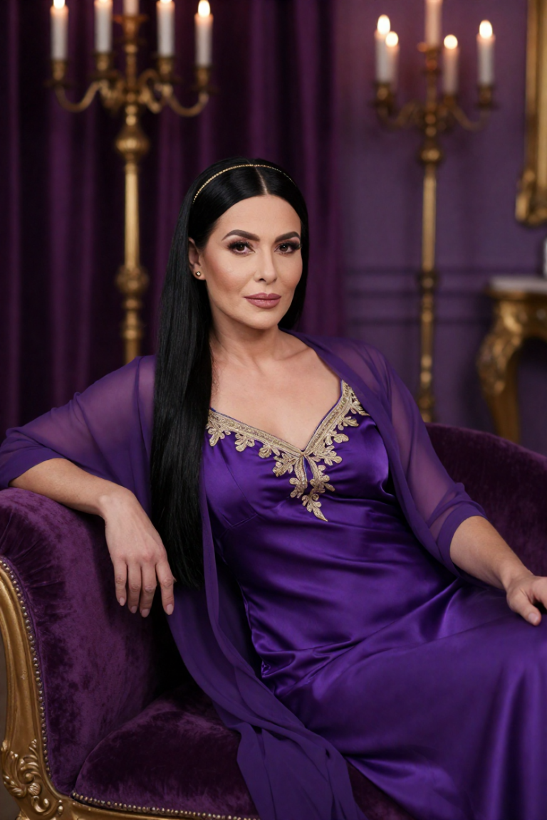 BlockChina studio portrait - muse in a royal-purple silk negligee with gold embroidery and sheer peignoir on a velvet chaise